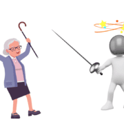 An elderly woman is holding a cane and cheering as a fencer deals with stars spinning around his head. He got crushed. Levels of fencing.